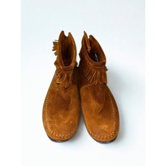 Minnetonka 283 Back Zip Fringe Ankle Boots Suede Brown Women’s Sz 9 w/ Box - Picture 3 of 16